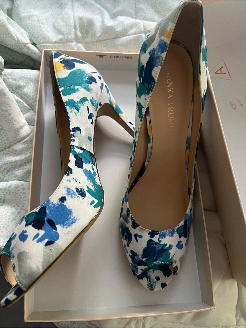 Ivanka Trump White Floral Blue Teal Peep-Toe Pumps